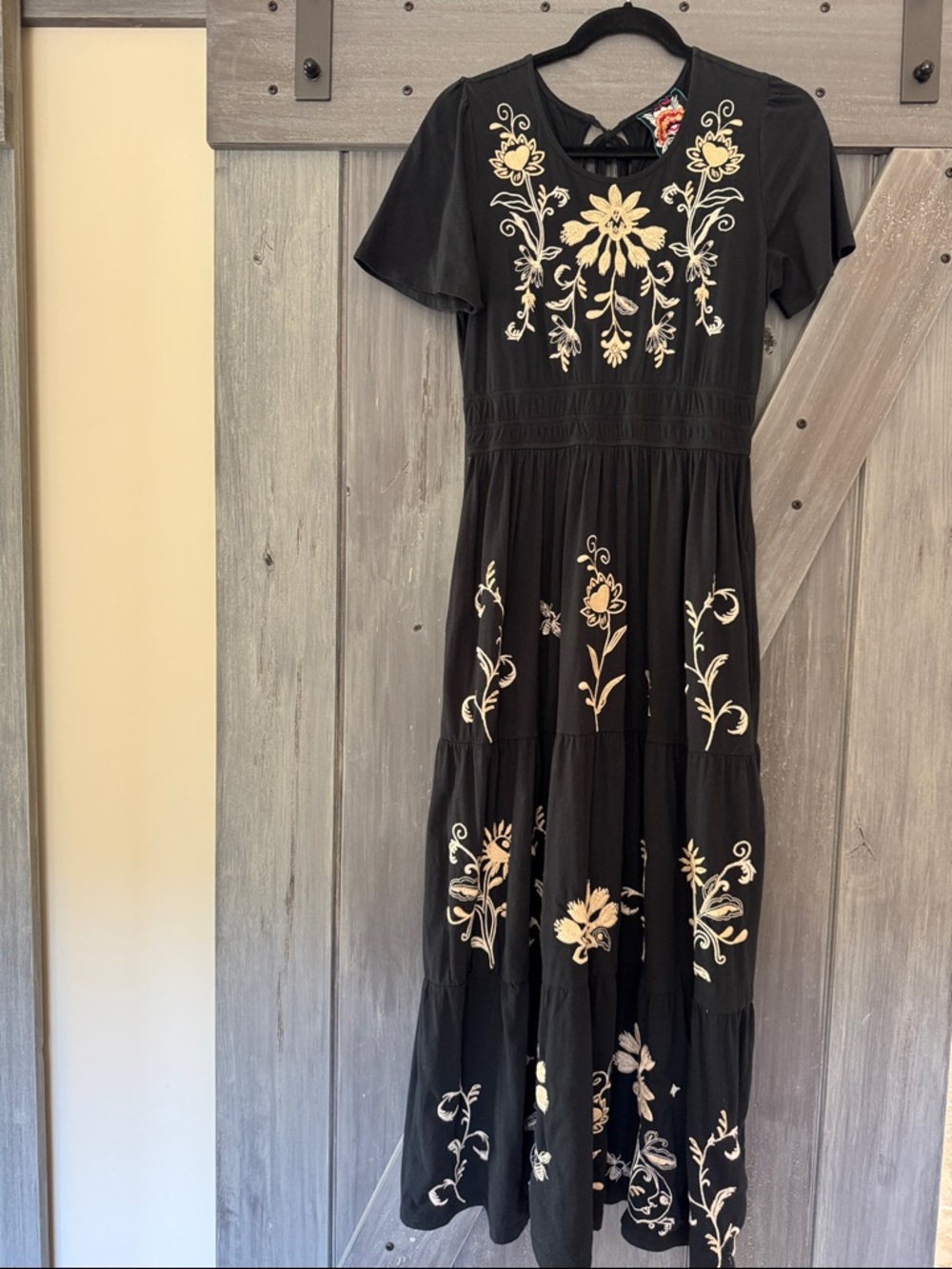 Johnny Was Black Maxi Dress with Cream Floral Embroidery NWT